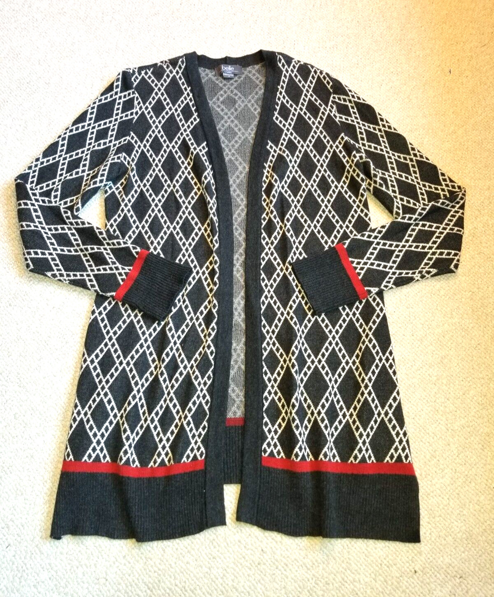 Womens Sweater-BELLE BY BELLDINI-grey/beige/red argyle long open cardigan ls-M